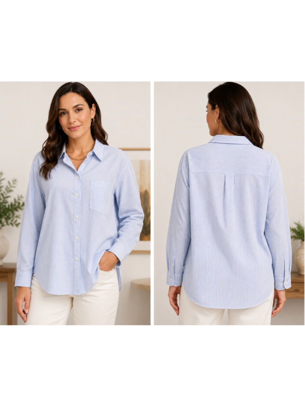 Women's Amazon Essentials Striped Button Down Shirt Blue White XL 100% cotton